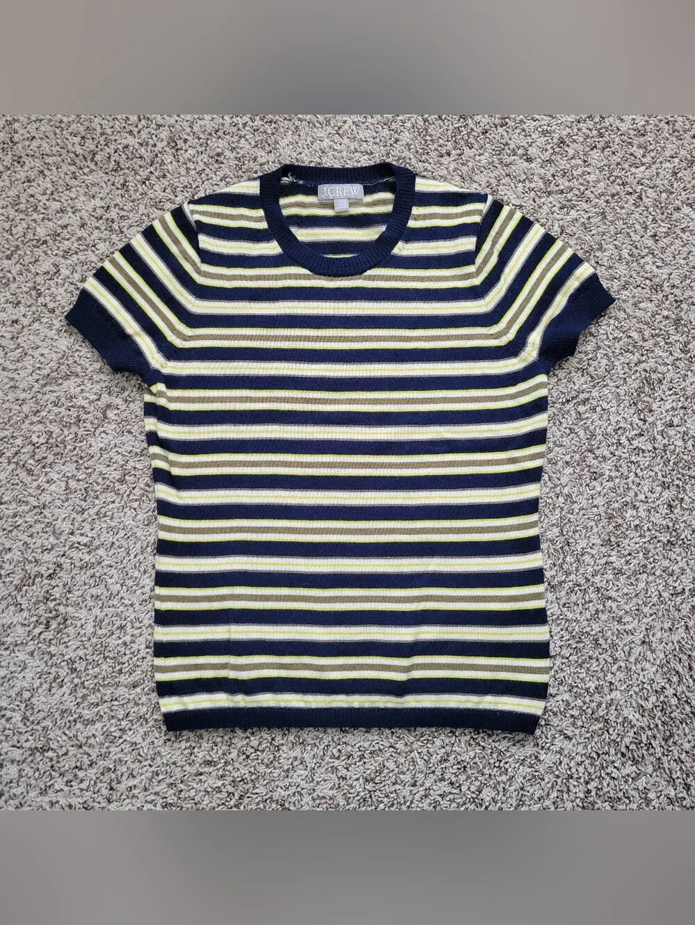 J. Crew Carolyn Sweater Tee Striped Merino Wool Navy Blue Yellow Crew Neck Small